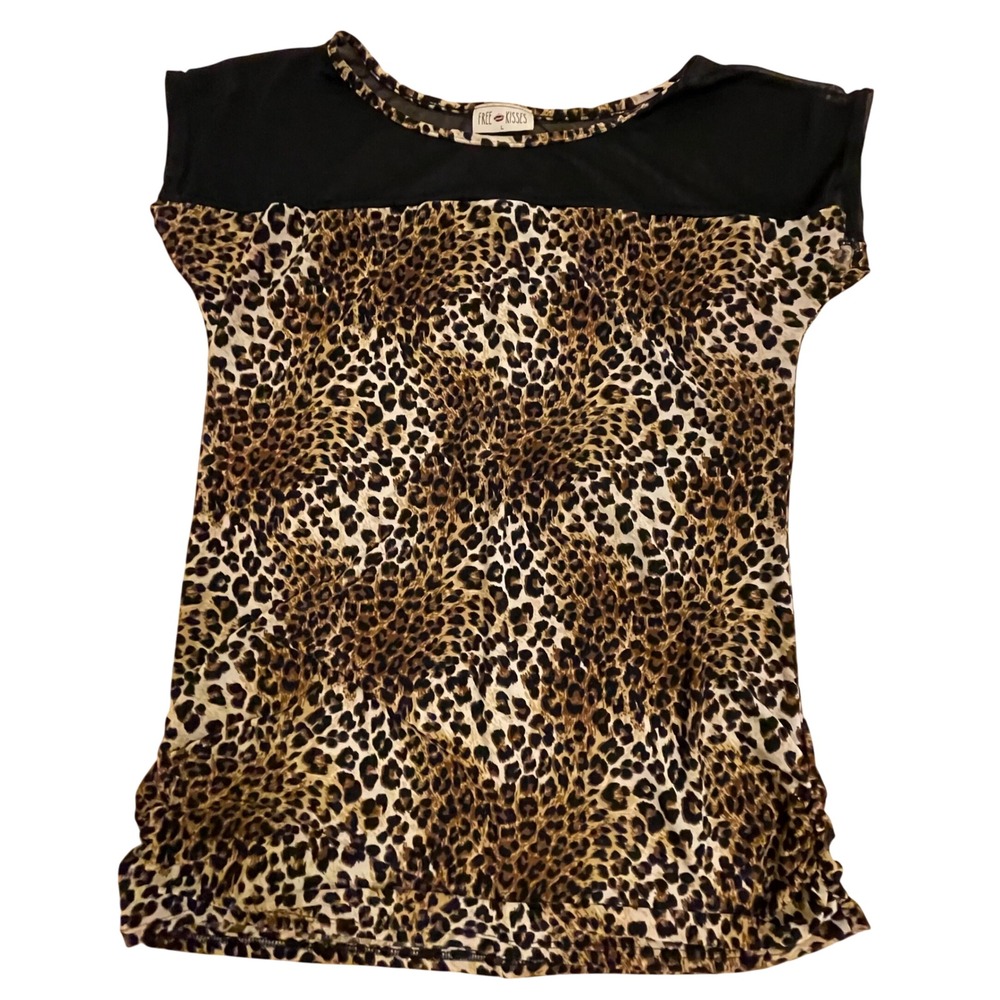Free Kisses Leopard Print Top Mesh Y2K Party Top Black Trim Women's Size Large